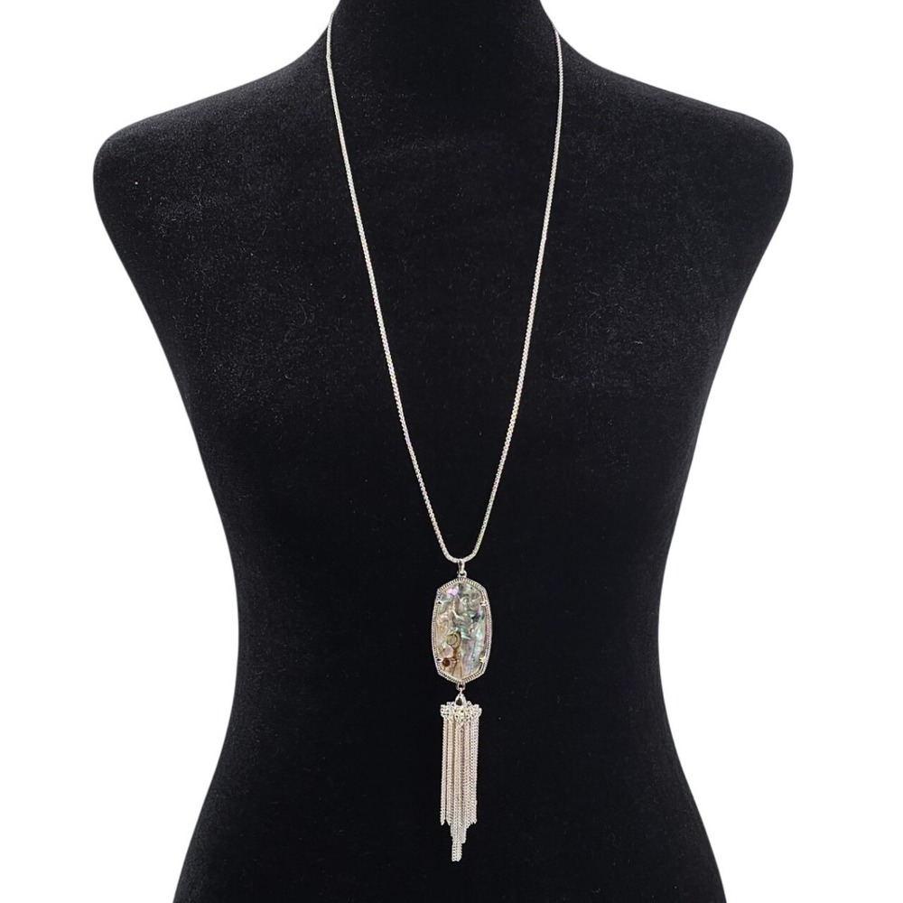 Kendra Scott Rayne Long Tassel Necklace Rhodium Silver Abalone Shell NIB